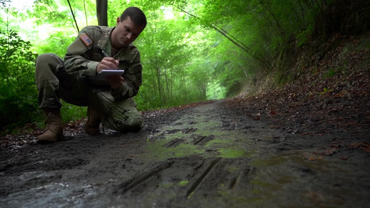 Knælende figur i camouflage skriver noter ved siden af våde spor på en skyggefuld skovsti, med mosset mudder, tæt løv og klart dagslys, der forsvinder ned ad vejen.