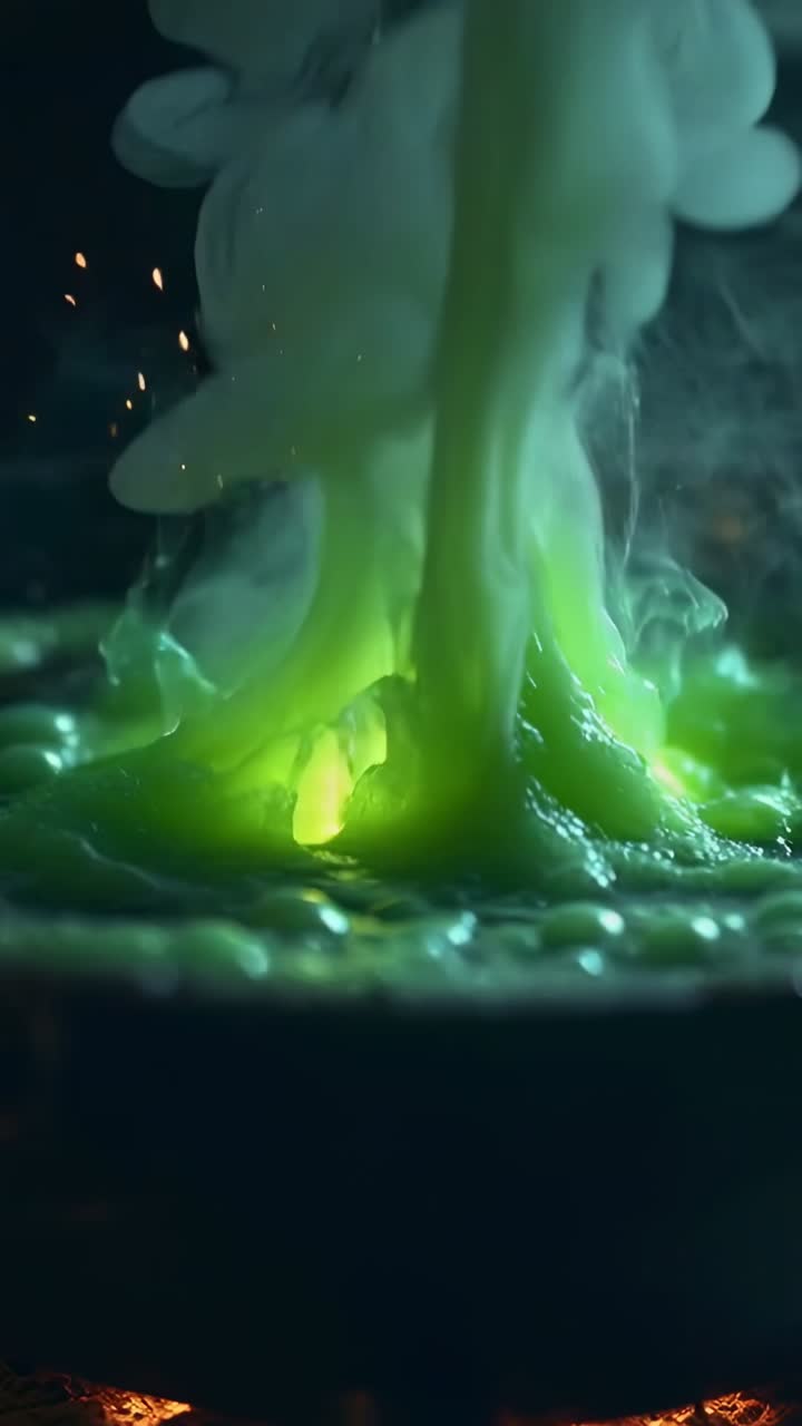 Vertical video: Gas flame heating green fluid bubbling foam plume in lab, with orange sparks