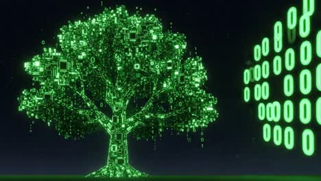 a futuristic tree illustrating the intersection of nature and technology, embodying growth through digital elements and binary code