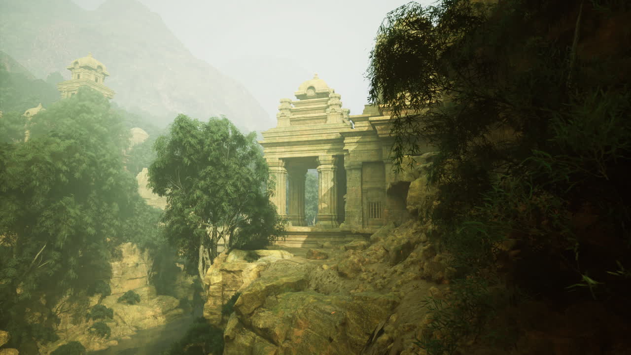 Ancient stone temple ruins surrounded by lush greenery in misty mountains