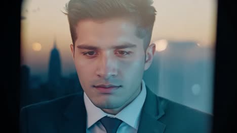 Businessman revealing himself while gazing at a city skyline through a window, embodying ambition and professionalism