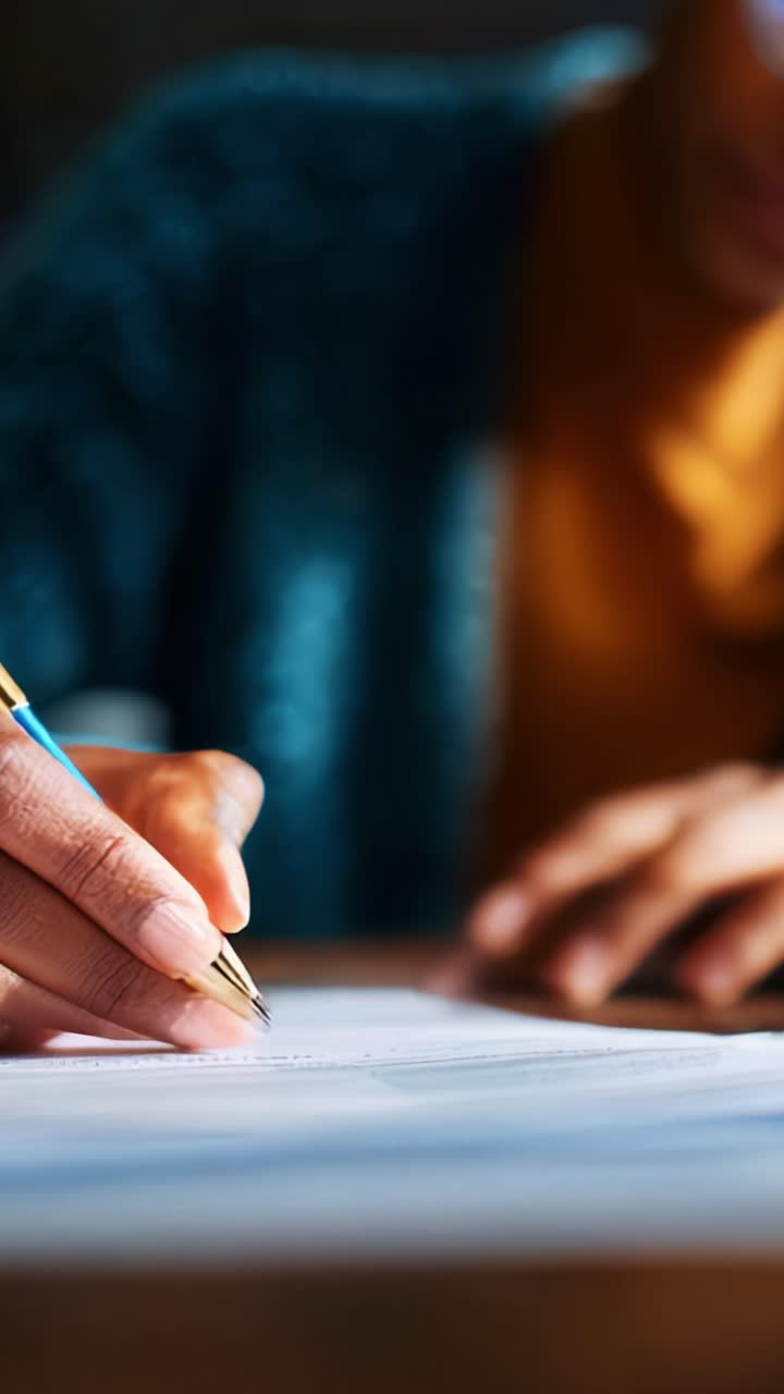 Persona concentrata che scrive su carta con una penna, mostrando dettagli ravvicinati delle mani e della cancelleria, catturando l'essenza della creatività e della produttività