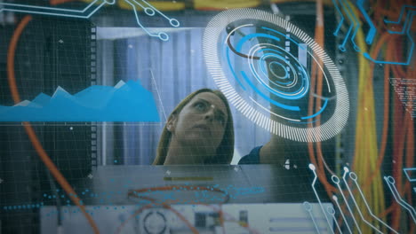 animación del procesamiento de datos a través de ingenieras caucásicas que conectan cables
