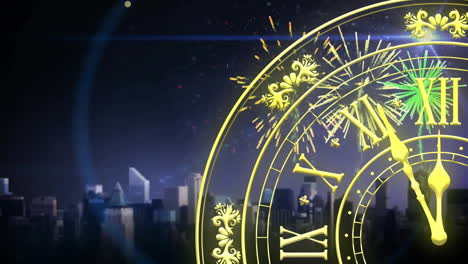 Animation-of-clock-showing-midnight-and-fireworks-exploding-on-black-background