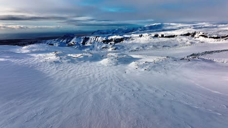 Aerial-panoramic-landscape-view-of-Myrdalsjokull-glacier-covered-in-snow-in-Iceland,-at-dusk