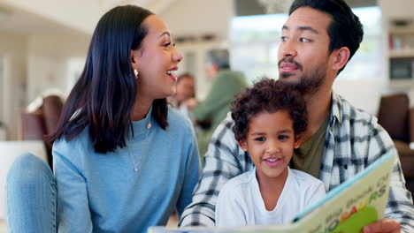 happy dad, mom and child reading book in home