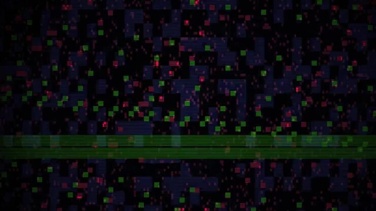 Sfondo Glitch Digitale Astratto con Pixel Sfarfallanti e Scanline
