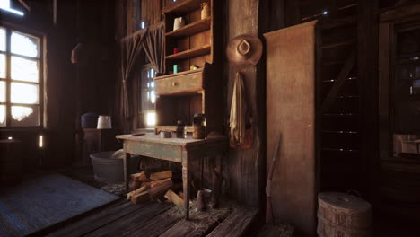 rustic interior of a weathered cabin featuring a wooden desk and tools