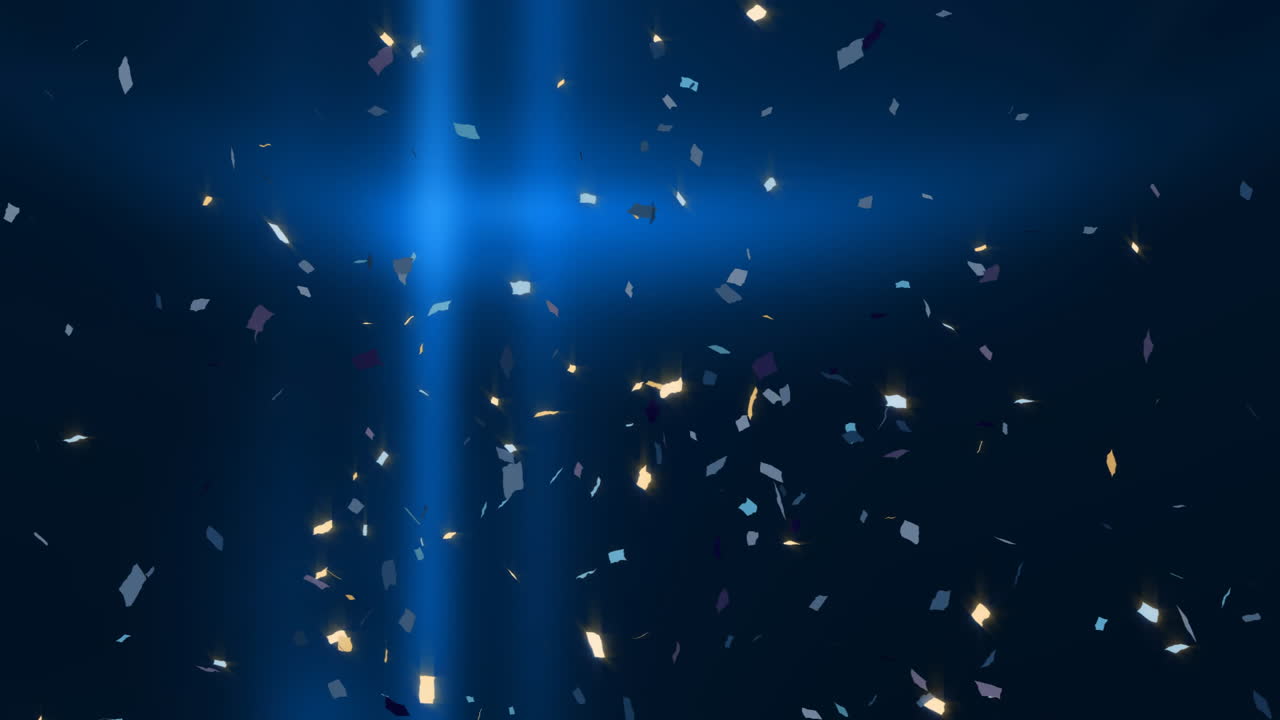 Confetti falling animation over blue light beams on dark background