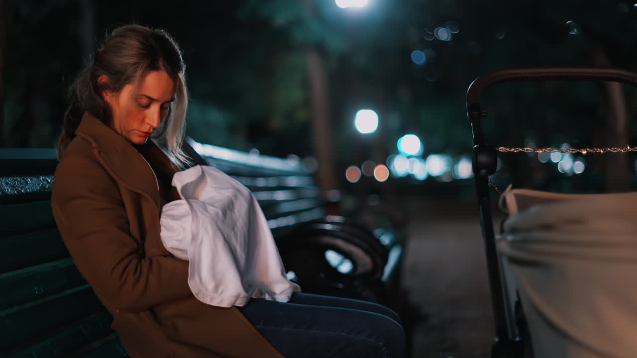 A thoughtful woman resting on a park bench under soft night lights, wrapped in a coat and holding a baby