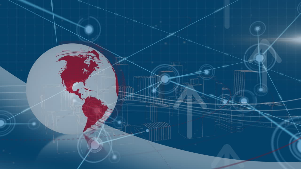 지구와 통신 네트워크의 애니메이션으로 파란 하늘의 위쪽 화살표를 통해 데이터를 교환합니다.