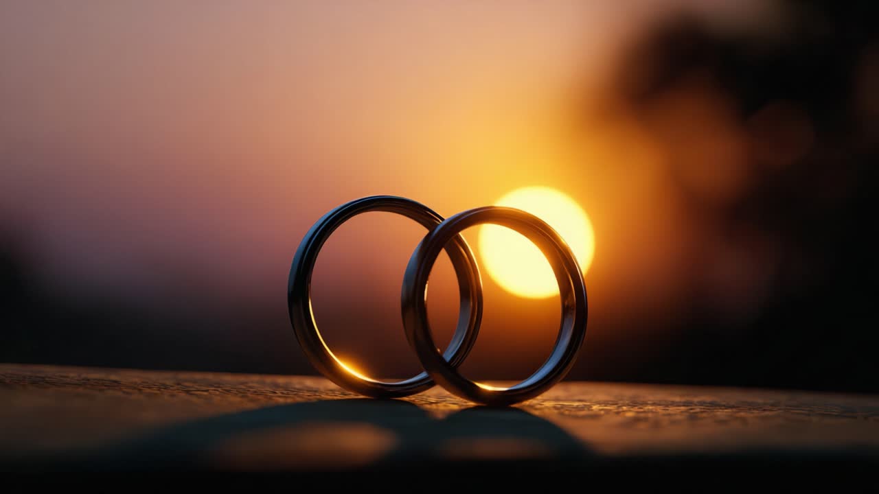 Two Elegant Wedding Rings Glimmering Under a Sunset, Symbolizing Love, Commitment, and Unity, Capturing The Essence of Romance in a Beautiful Moment