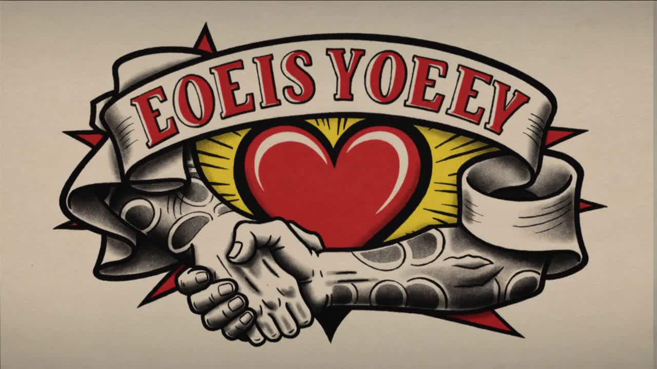 Displaying large tattoo-style graphic on beige backdrop, with red heart, clasped hands, ribbon text