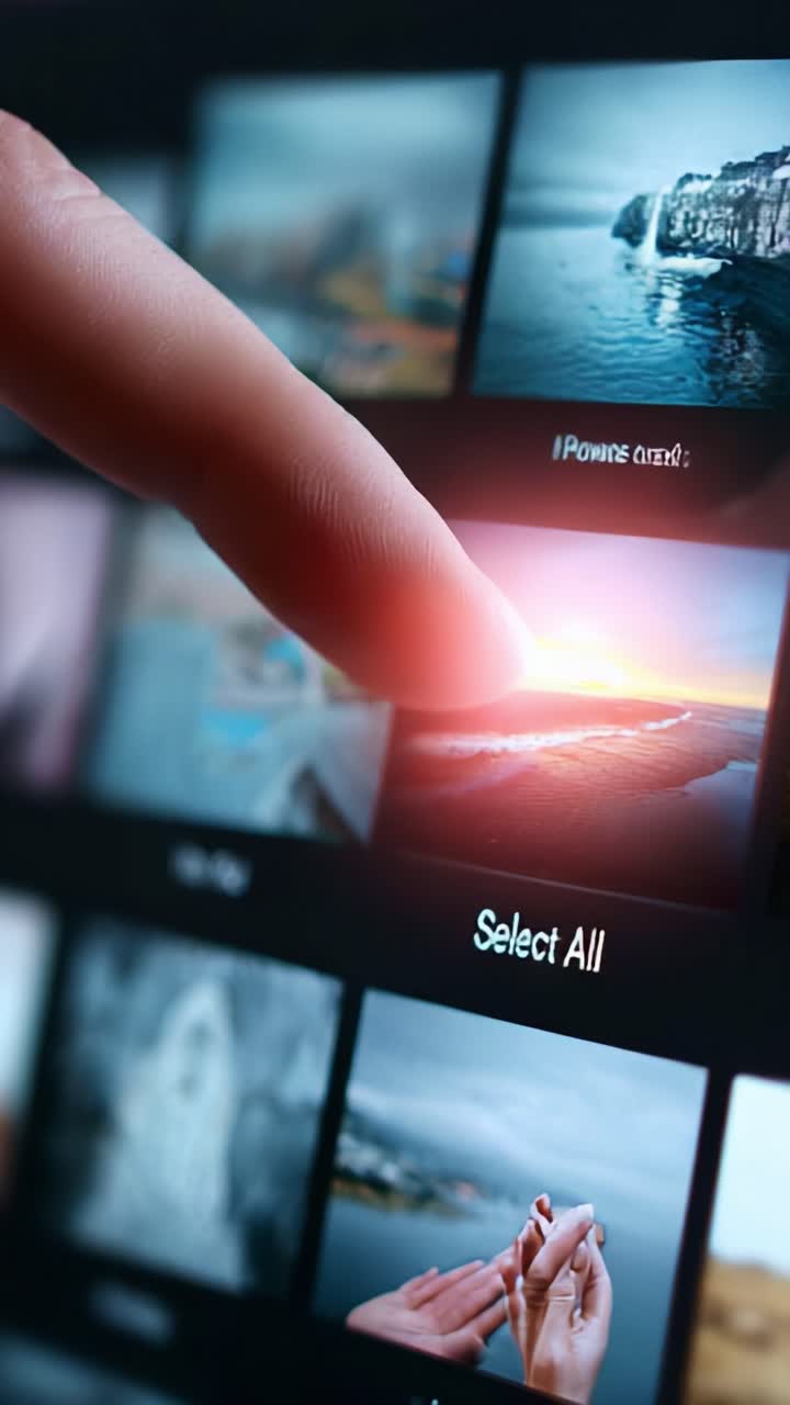 Exploring Visual Selections: A Close-Up of a Finger Interacting with a Touchscreen Display, Navigating Through Image Thumbnails Possibly Capturing Scenic Landscapes and Coastal Vistas