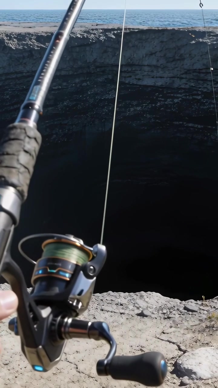 Video verticale: Pescatore che afferra la canna, aziona il mulinello su una scogliera rocciosa, calando una lenza verde per pescare.