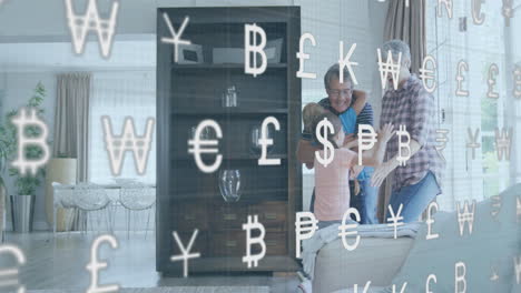currency symbols animation over family hugging in living room