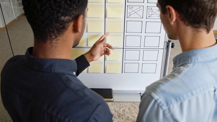 Two men standing beside office whiteboard, one pointing at notes while other watching, AI-generated