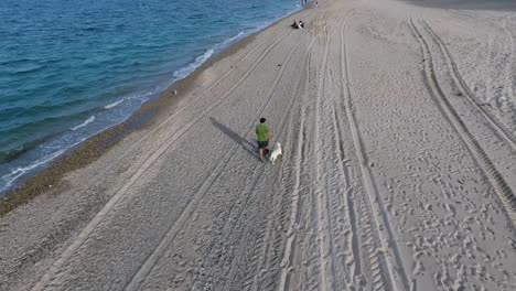 hombre paseando a un perro en la playa