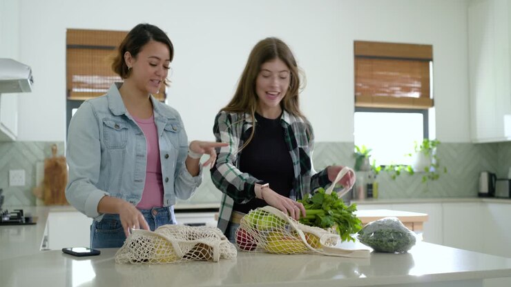 Diverse female friends unpacking reusable mesh bags after shopping in home kitchen, sorting greens