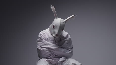 man in a rabbit mask and straightjacket