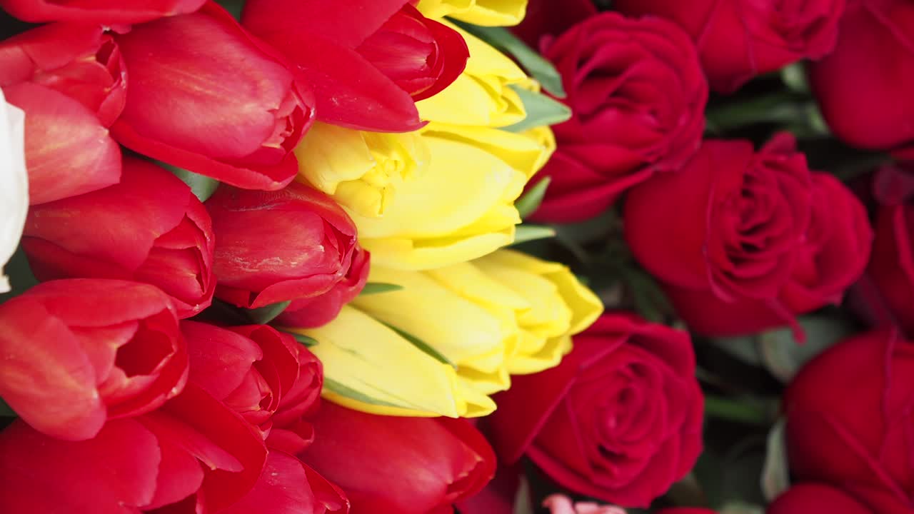 Beautiful Bouquet of Red Tulips and Roses