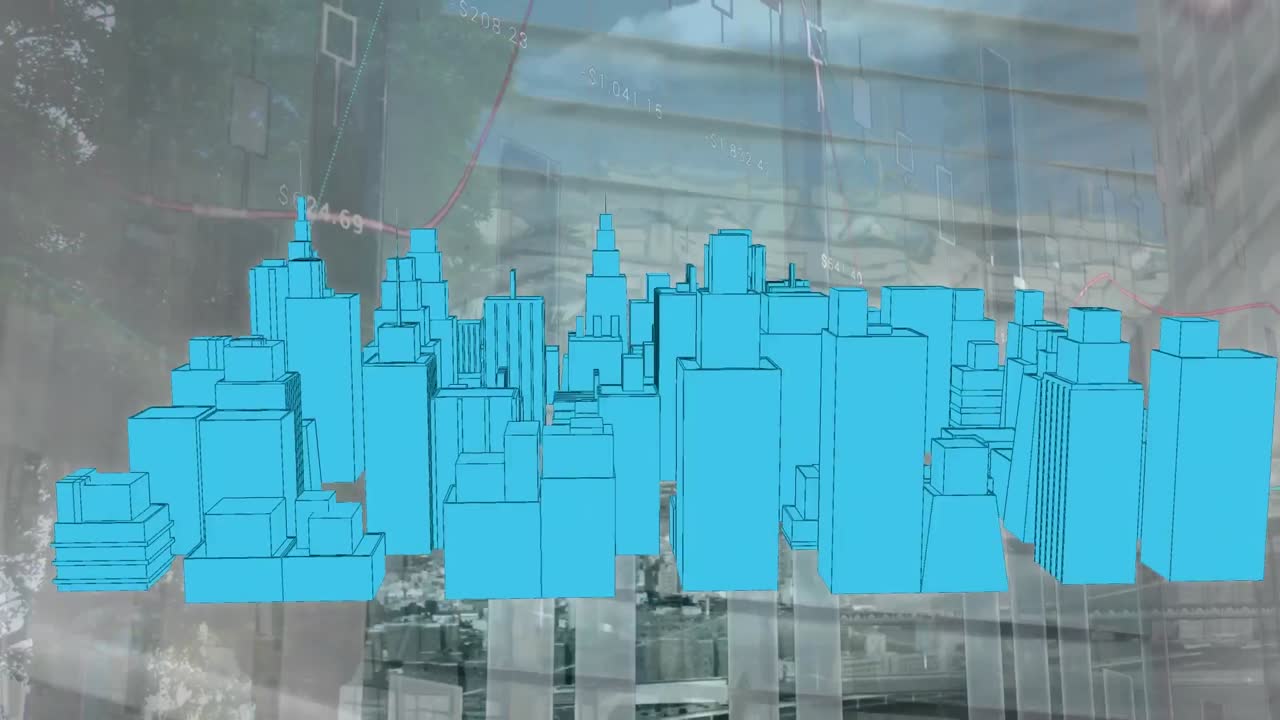 Animação de desenho de cidade 3D girando sobre paisagem urbana.