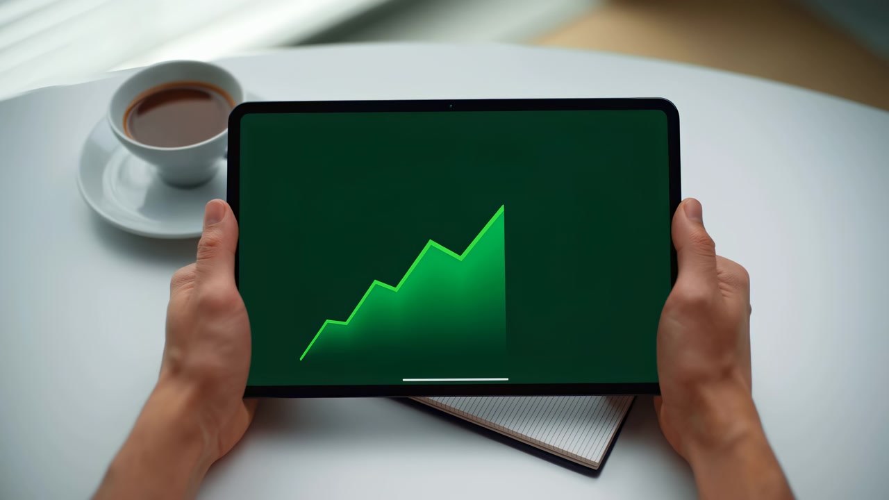 Mani tengono un tablet con un grafico ascendente verde luminoso mentre il grafico sale sullo schermo, con tazza di caffè e superficie della scrivania visibili sotto una luce soffusa in un ambiente d'ufficio pulito