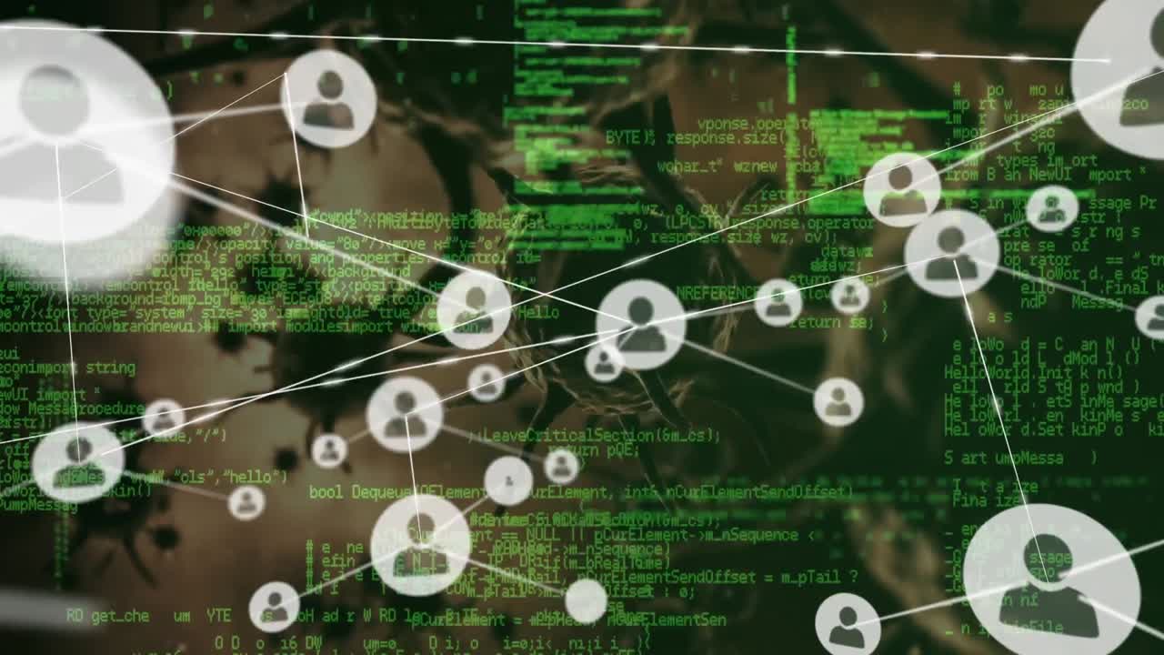 сеть значков профиля и обработка данных против нескольких клеток ковид-19 на черном фоне