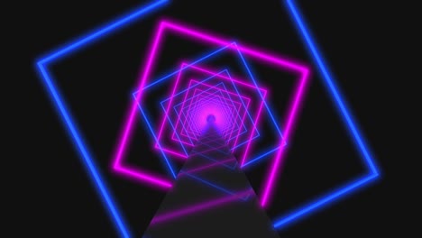 volando a través de cuadrados de neón giratorios brillantes creando un túnel, luz azul rosada, iluminación moderna de colores, animación en bucle de 4k