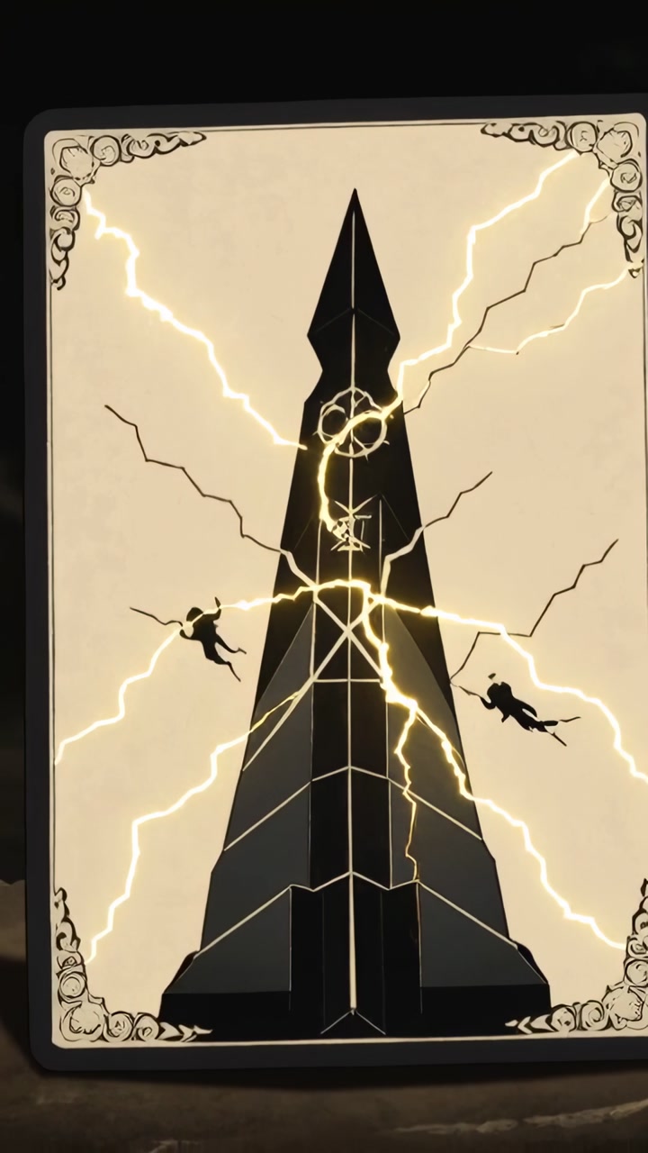 Showing illustrated card shifting on dark tabletop, depicting obelisk cracking and exploding debris
