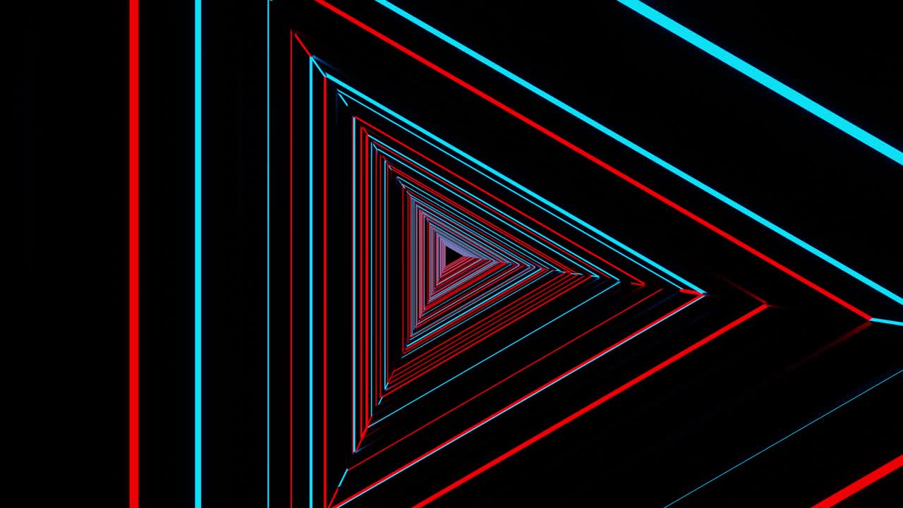 4K video animation of beautiful red and blue color neon lighting triangular shape tunnel seamless looping motion graphics.