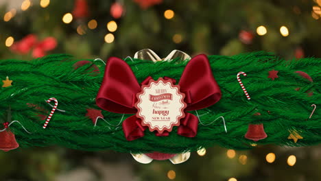 animación de feliz navidad en la etiqueta con arco sobre decoraciones de abeto