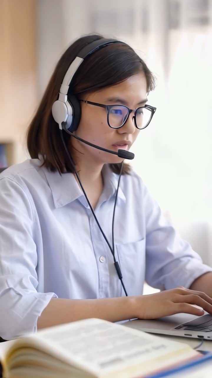 Young Asian college student with headphones studying from a remote.