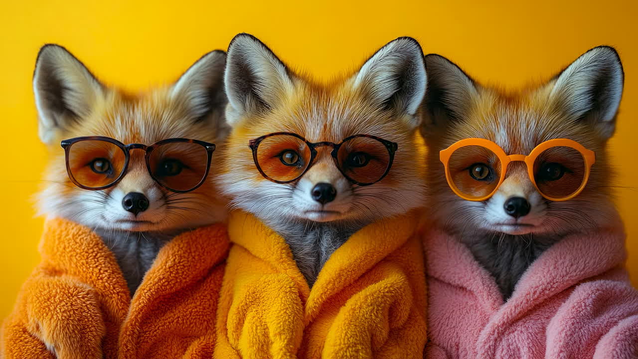 Cute foxes wearing glasses and bathrobes. Three cute foxes in colorful robes and stylish glasses pose against a vibrant backdrop