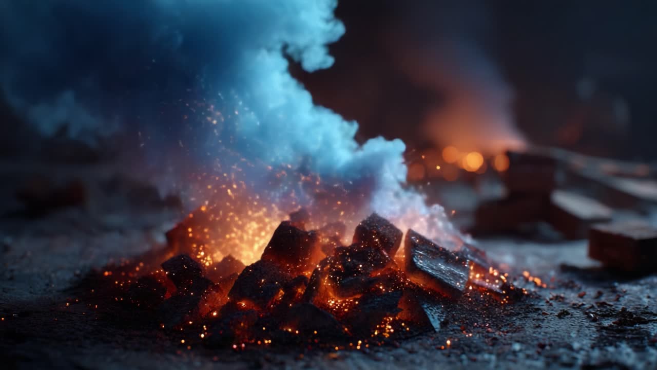 A Mesmerizing Display of Smoldering Embers and Billowing Smoke, Capturing the Intense Beauty of Burning Wood in a Darkened Environment