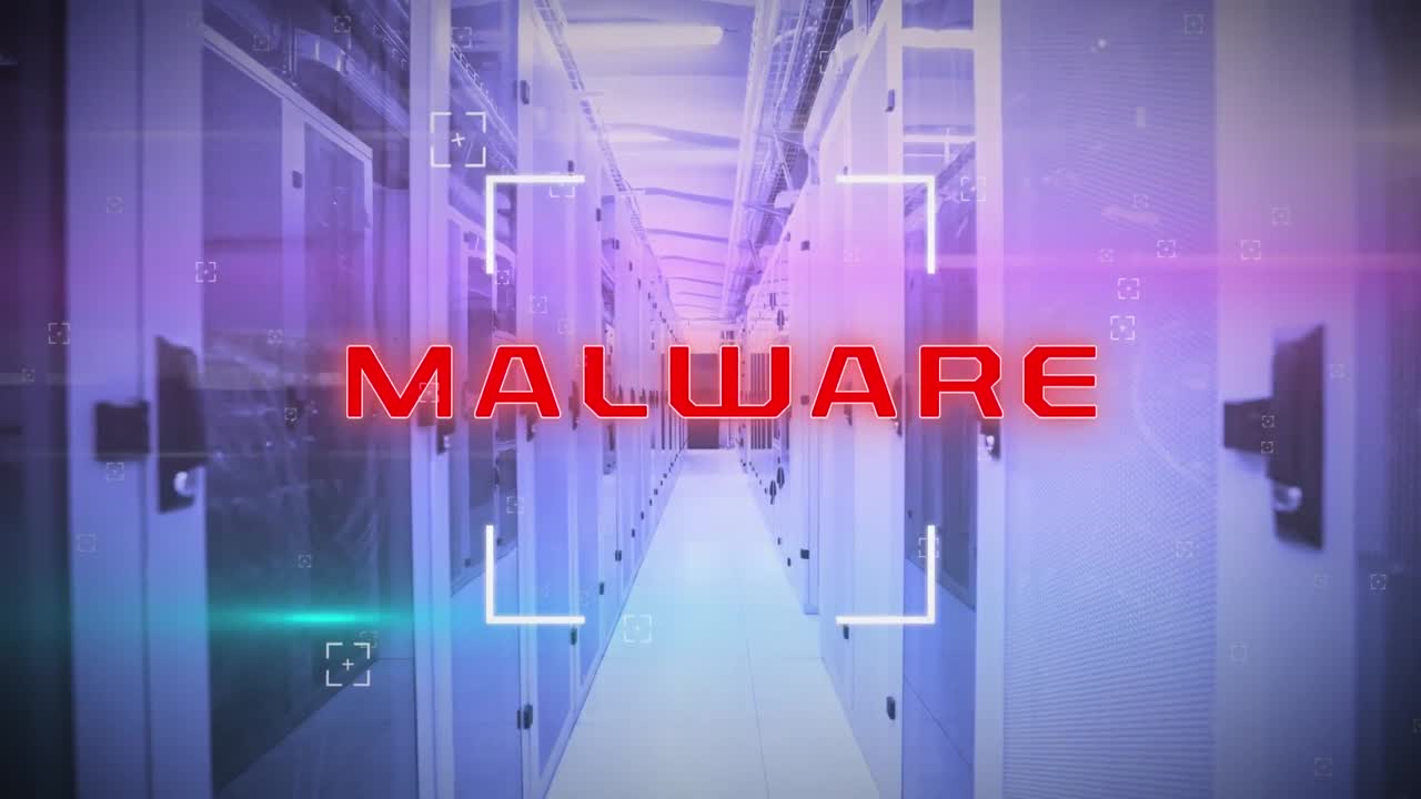 animación de escaneo de alcance en el sistema hackeado texto y senderos de luz azul y rosa contra la sala del servidor