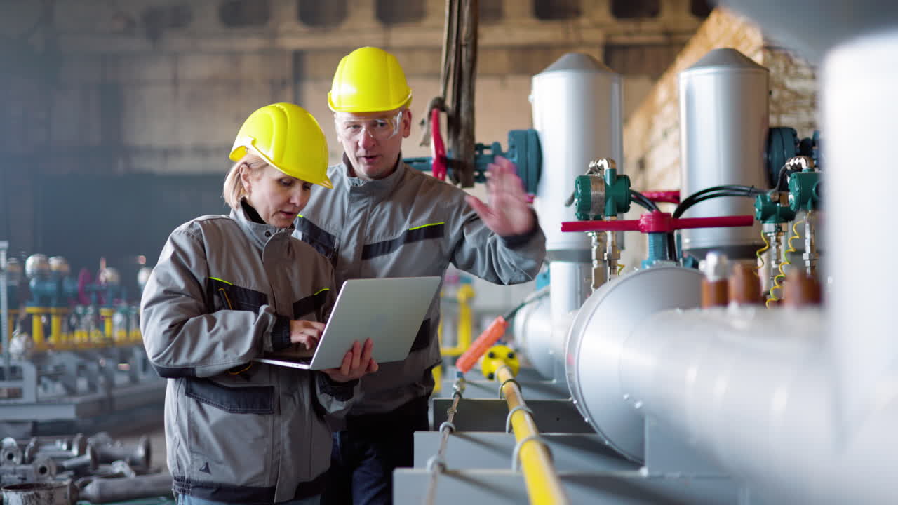 два товарища по работе разговаривают на заводе