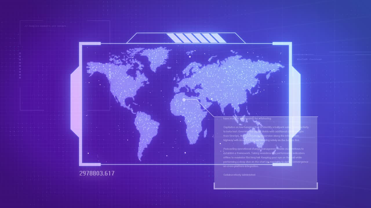 세계 지도의 루프 추상 애니메이션, 기술 사이버 스페이스 후드 푸이 디자인, 가상 현실 사용자 인터페이스, 지구 지도, 정보, 사이버 디지털 하이테크 개념, 미래의 애니메이션 배경