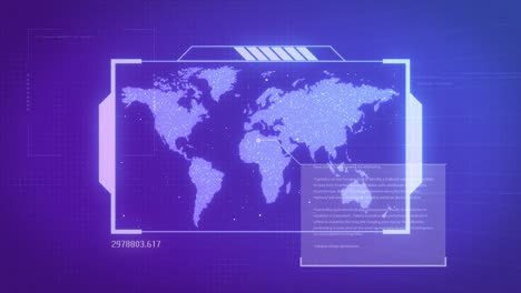 animación abstracta en bucle del mapa del mundo. tecnología ciberespacio hud fui diseño. interfaz de usuario de realidad virtual mapa de la tierra, información. concepto de alta tecnología digital cibernética. fondo animado futurista