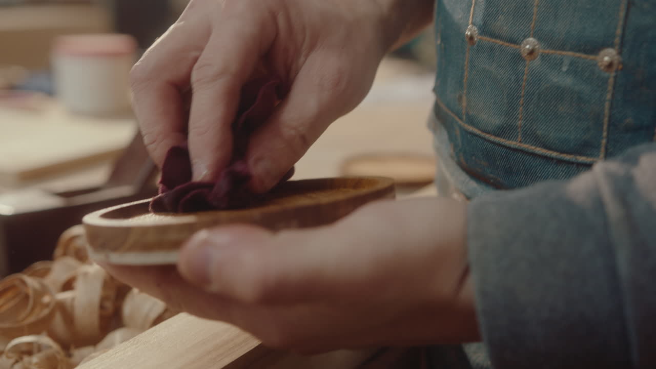 Artisan Applying Oil Finish to Wooden Drink Coaster
