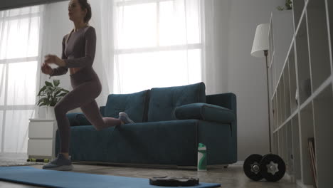 sporty lady is doing squats in living room leaning on couch by one leg healthy and sporty lifestyle fitness and wellness for good body shape