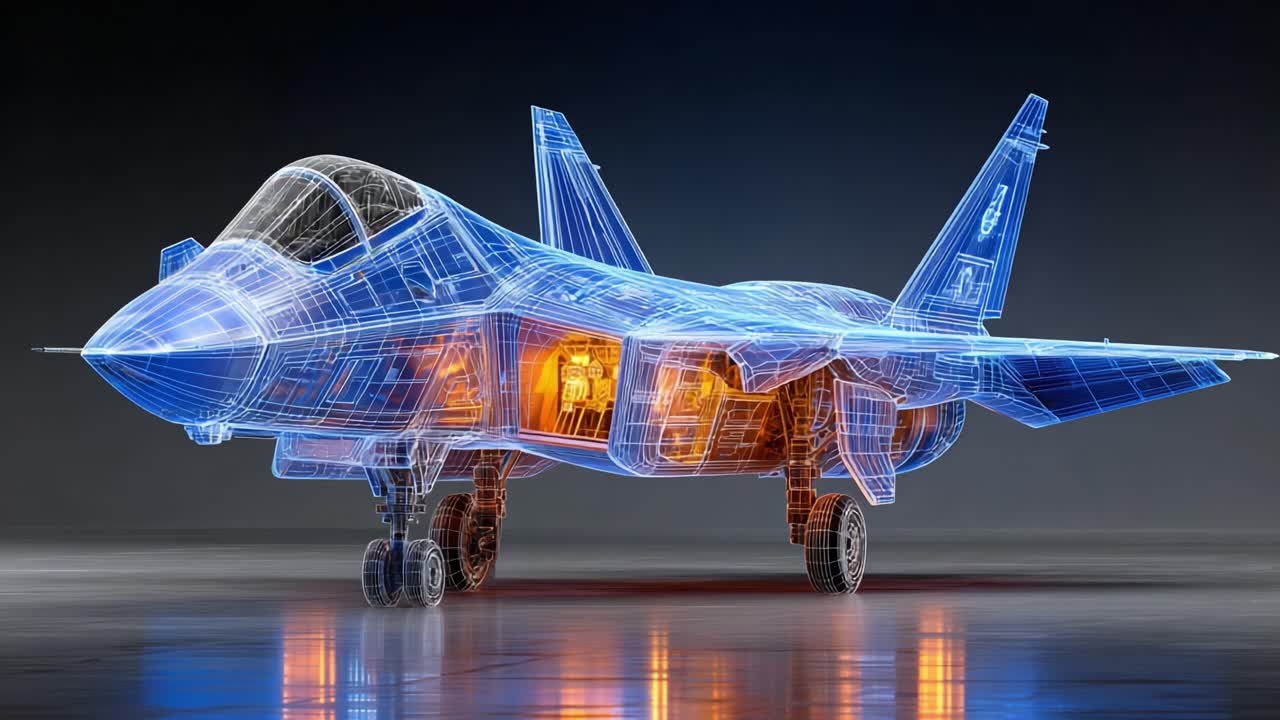 A Stunning Visual Representation of an Advanced Fighter Jet Design in a High-Tech Wireframe Model, Showcasing its Intricate Details and Interior Mechanisms