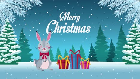 feliz navidad tarjeta de letras con conejo y regalos