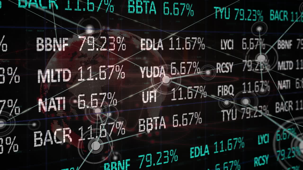 Animazione di rete di connessioni, dati finanziari su schermo di borsa con globo.