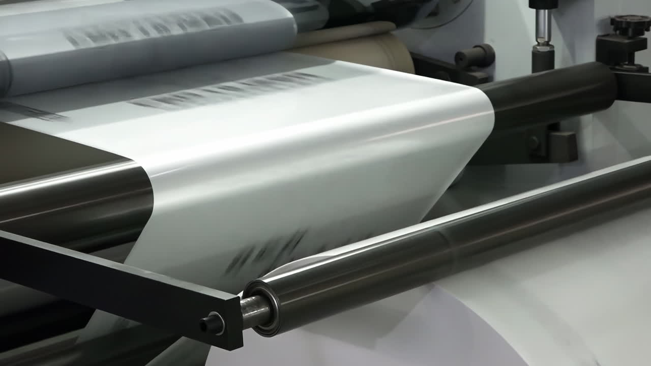 Industrial factory for the operation of automatic plastic bag production machine. automatic filling packing machine for goods or food in manufacturing process