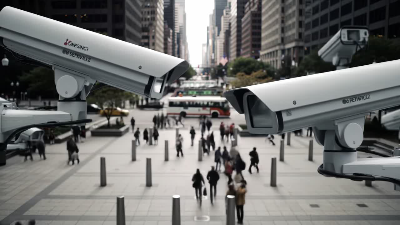 Surveillance Cameras Overlooking a Bustling City Square: A Perspective on Urban Security and Public Spaces