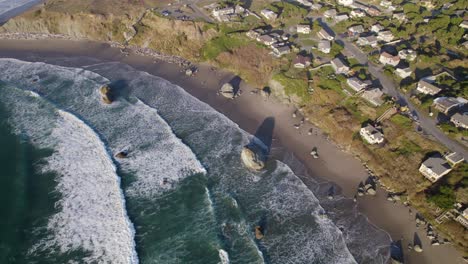 4K-aerial-birds-eye-drone-shots-of-Bandon,-Oregon-beach