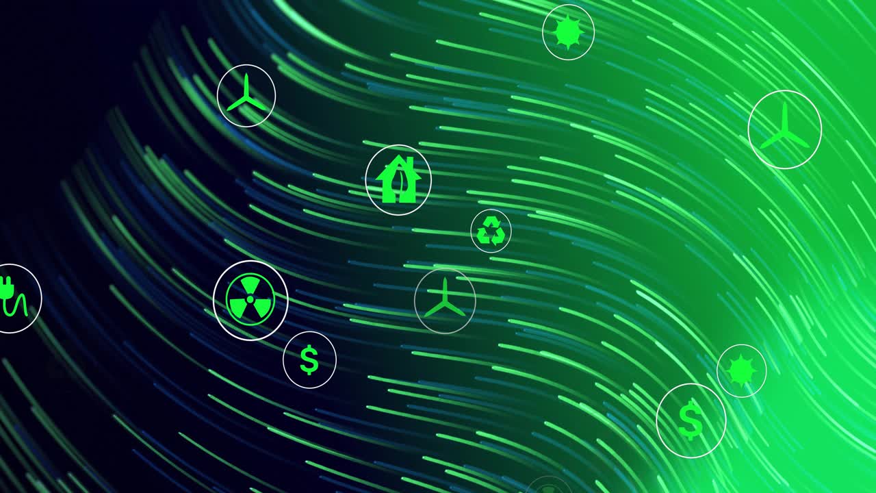 Left streaks starting sweep, green energy icons drifting right, pulsing, brightening, showing shift