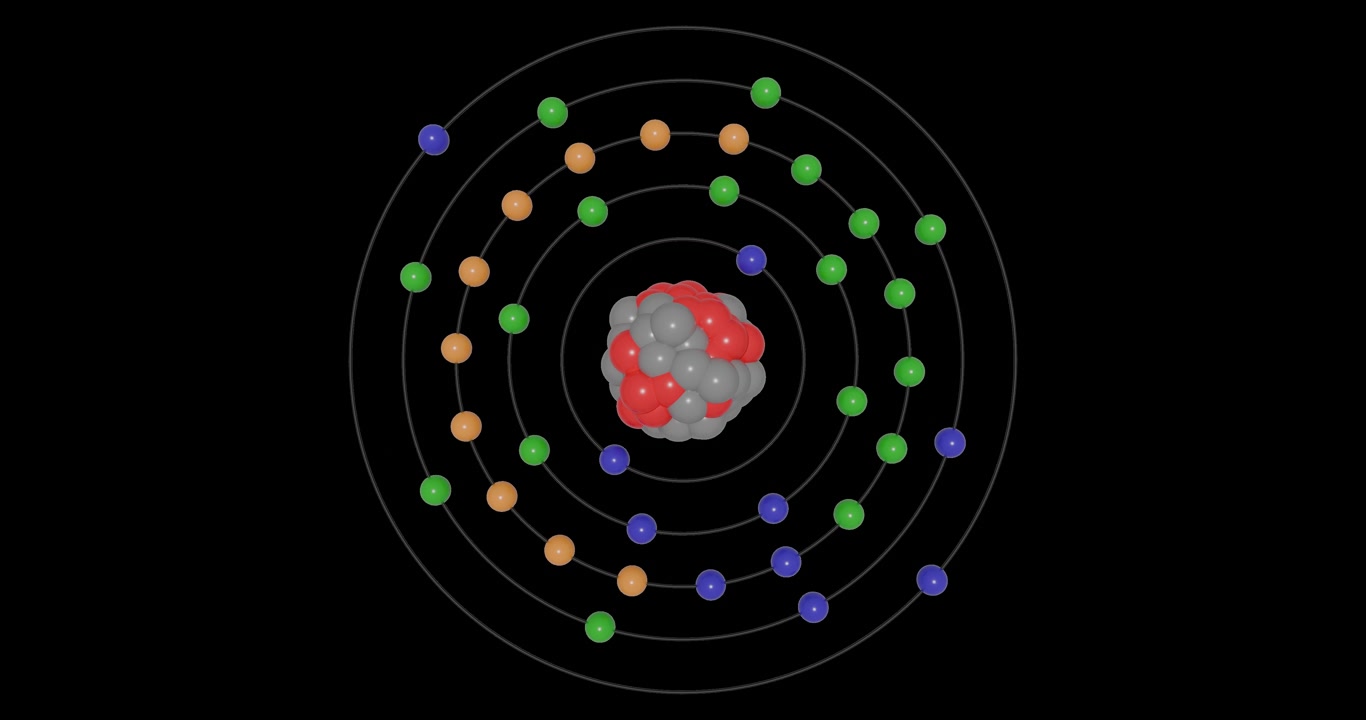 3D animation of a Strontium atom on a transparent background showing shells, subshells, electron orbits, and a nucleus with protons and neutrons, illustrating atomic structure and energy levels.