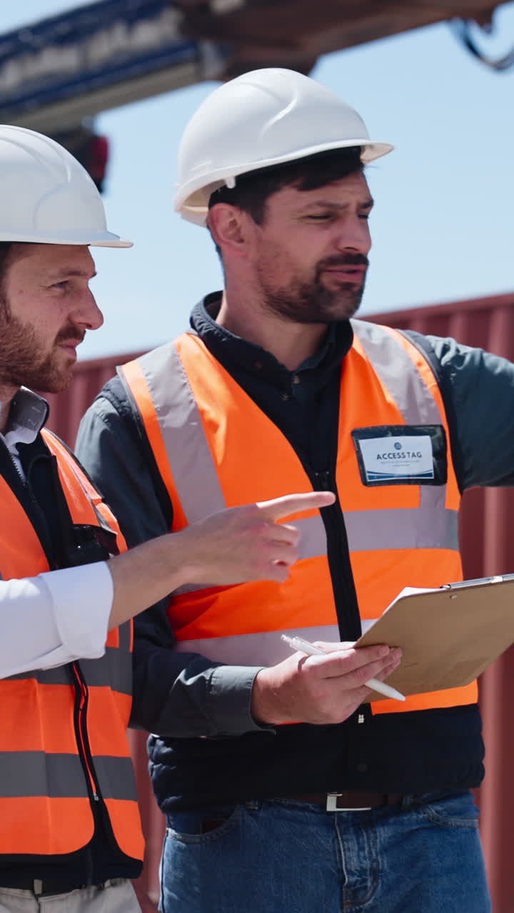 Two Engineers in Hard Hats Discussing Plans at an Industrial Site